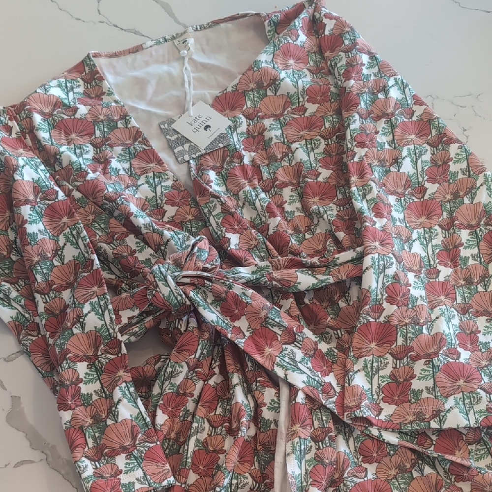 Floral Tie-Waist Wrap Dress in Coral & Green